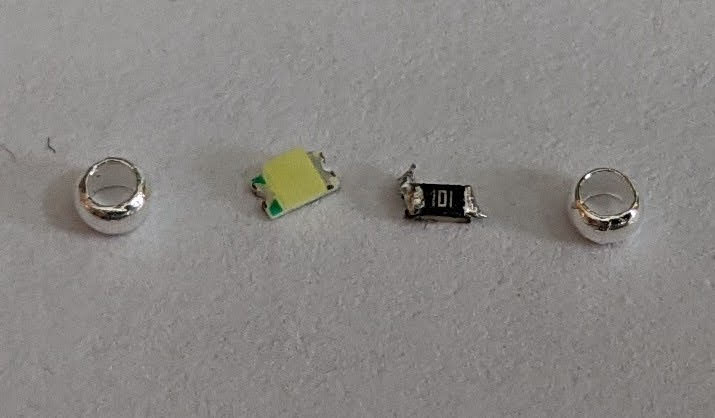 Silver beads, LED & resistor still seperate